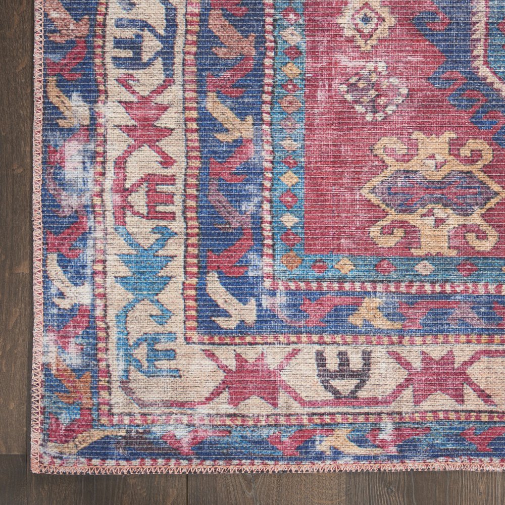 5' X 7' Red And Navy Southwestern Power Loom Distressed Washable Area Rug