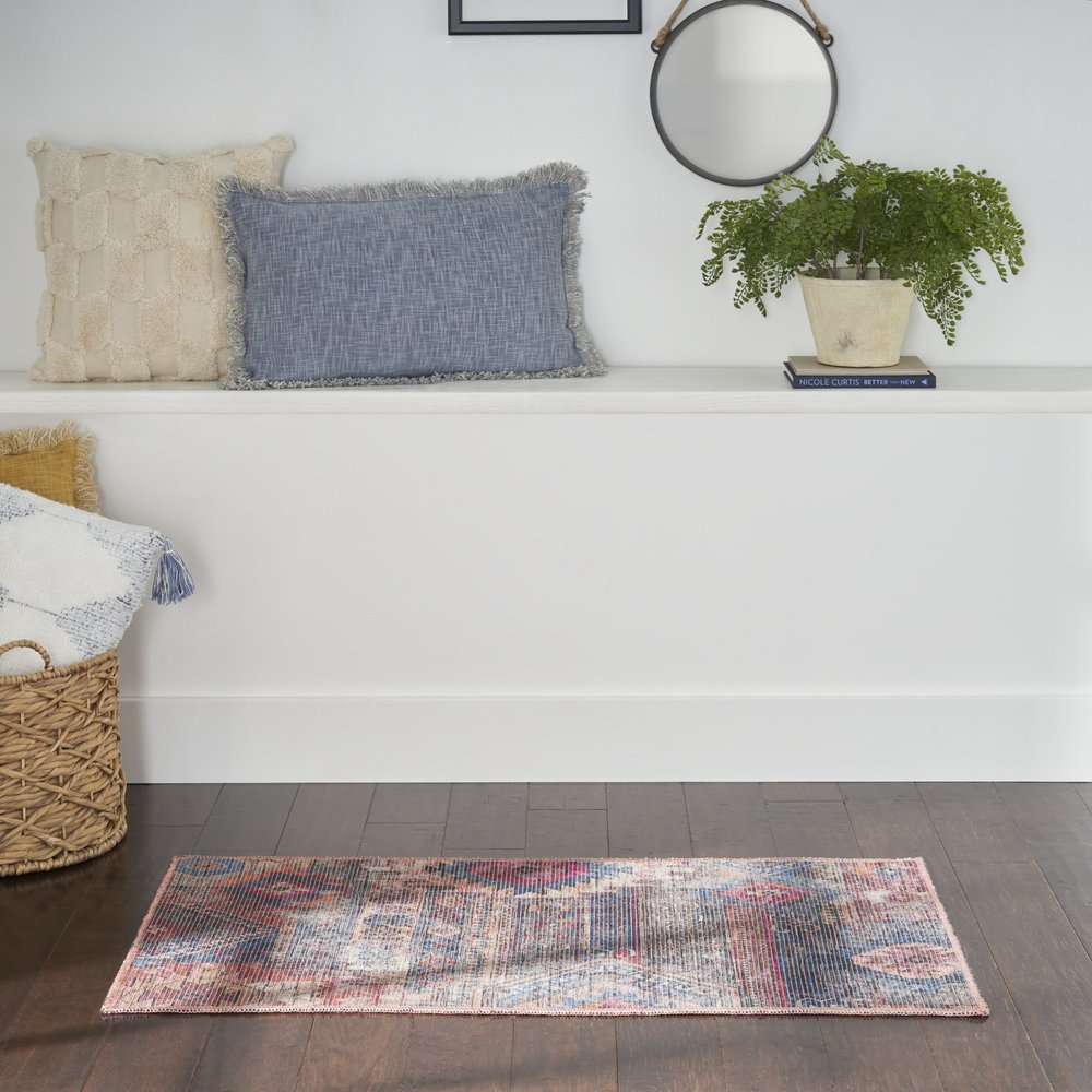 2' X 4' Red And Blue Southwestern Power Loom Distressed Washable Area Rug