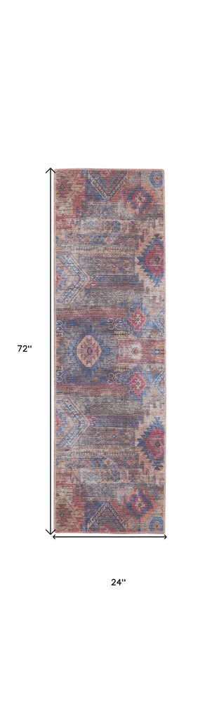 2' X 6' Red And Blue Southwestern Power Loom Distressed Washable Runner Rug