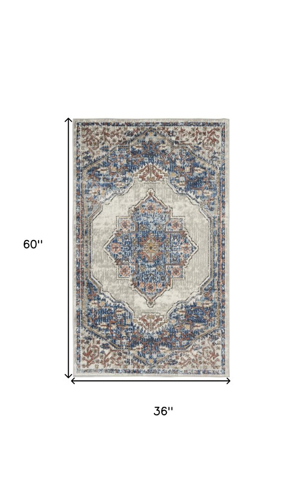 3' X 5' Blue And Grey Oriental Power Loom Non Skid Area Rug