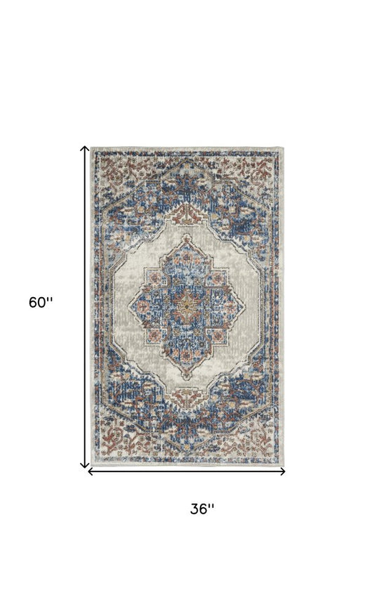 3' X 5' Blue And Grey Oriental Power Loom Non Skid Area Rug
