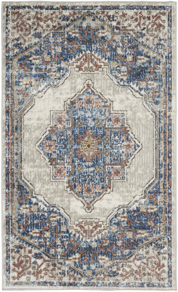 3' X 5' Blue And Grey Oriental Power Loom Non Skid Area Rug