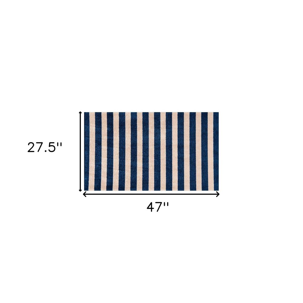 2' X 4' Navy And Sand Striped Tufted Washable Non Skid Area Rug