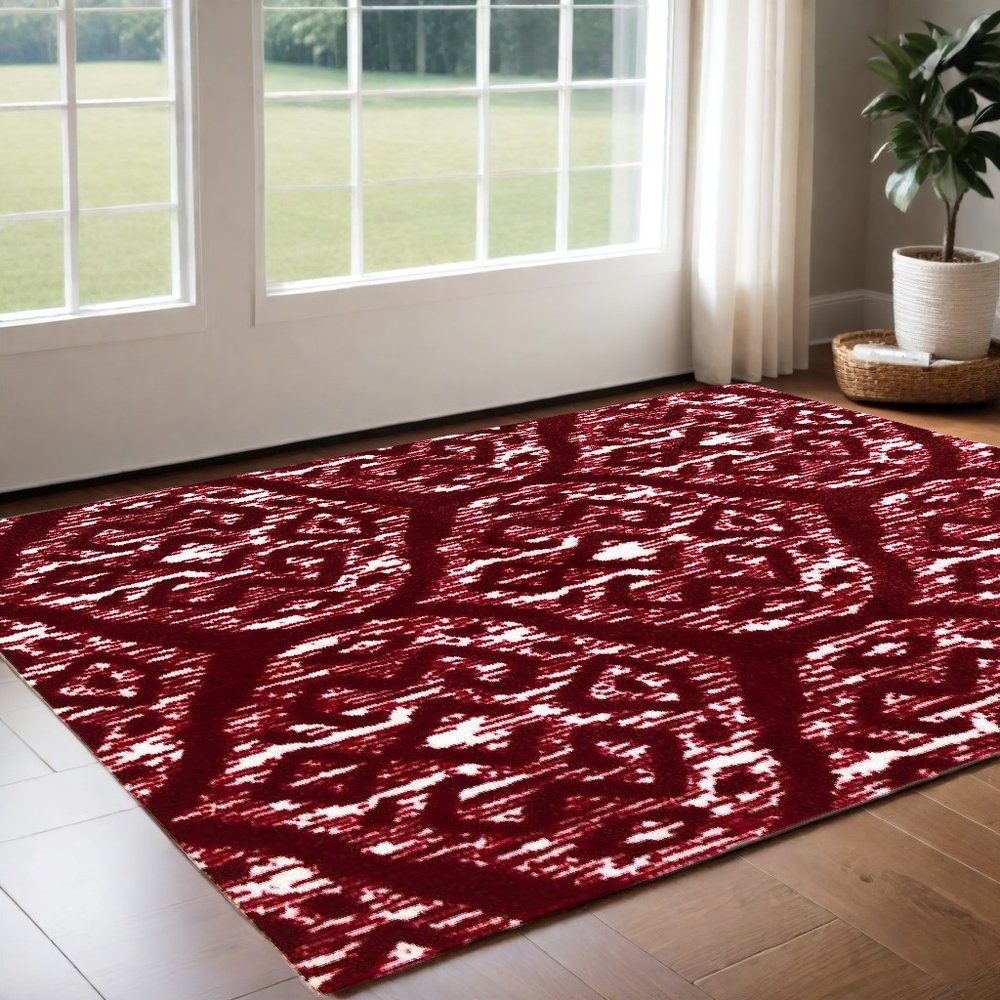 2' X 4' Red And White Ikat Tufted Washable Non Skid Area Rug