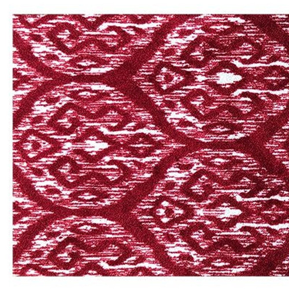2' X 6' Red And White Ikat Tufted Washable Non Skid Area Rug