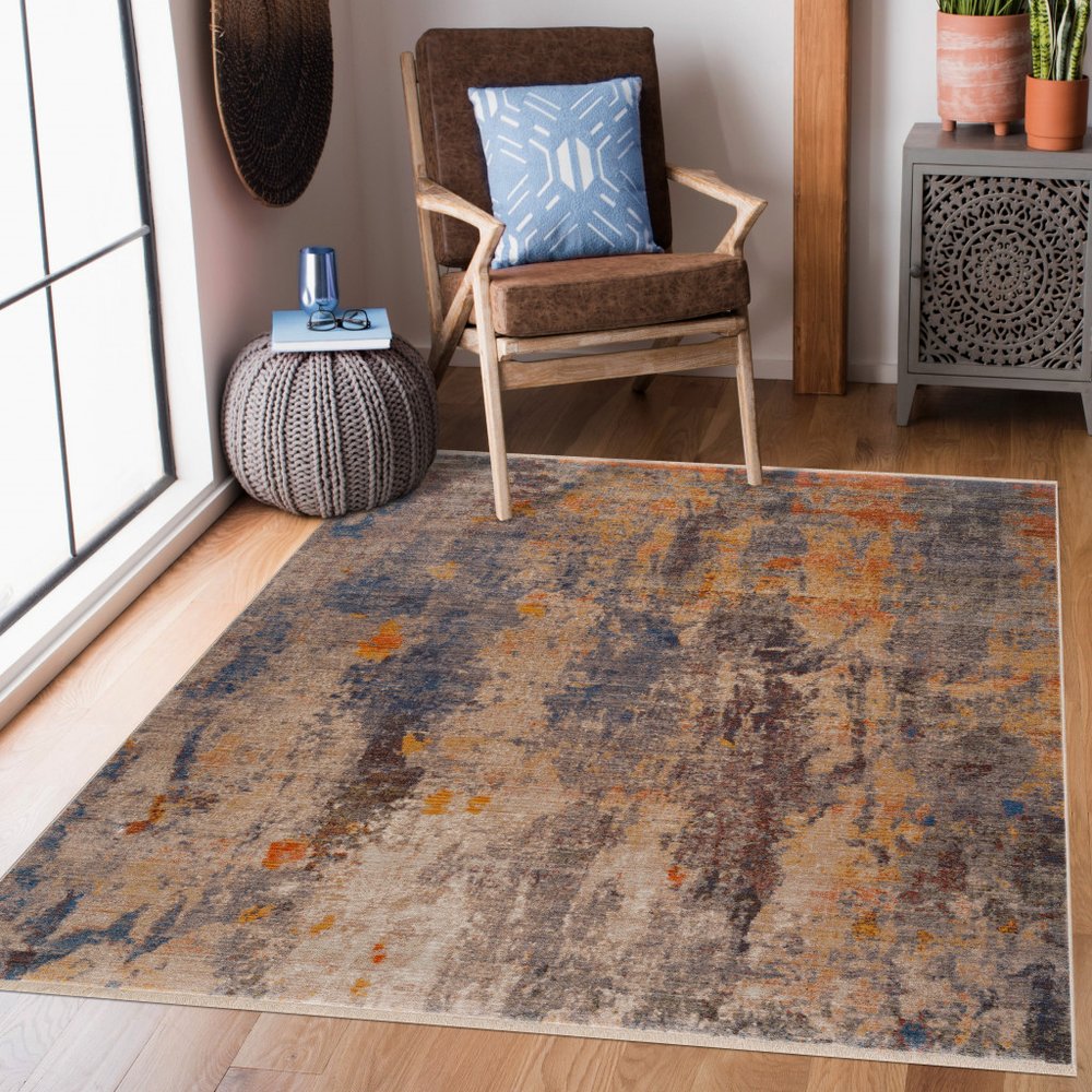 4' X 6' Gray Beige Blue And Yellow Abstract Power Loom Distressed Stain Resistant Area Rug
