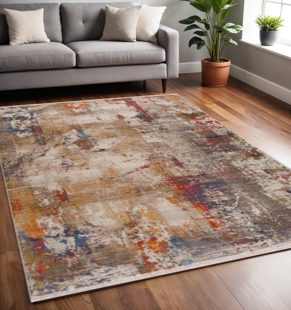 5' X 8' Gray And Ivory Abstract Power Loom Distressed Stain Resistant Area Rug