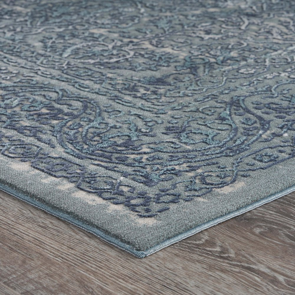 8' Blue Silver Gray And Cream Damask Distressed Runner Rug