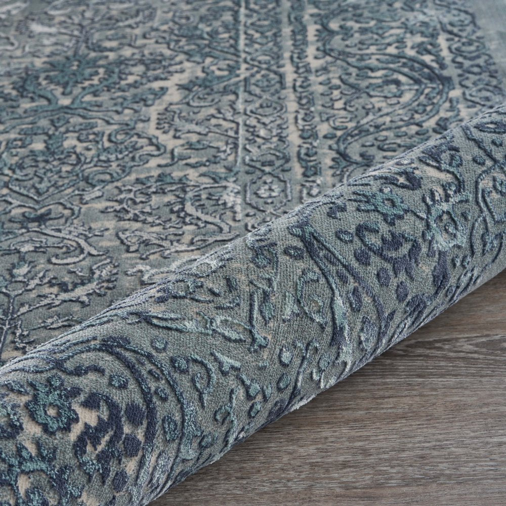 8' Blue Silver Gray And Cream Damask Distressed Runner Rug