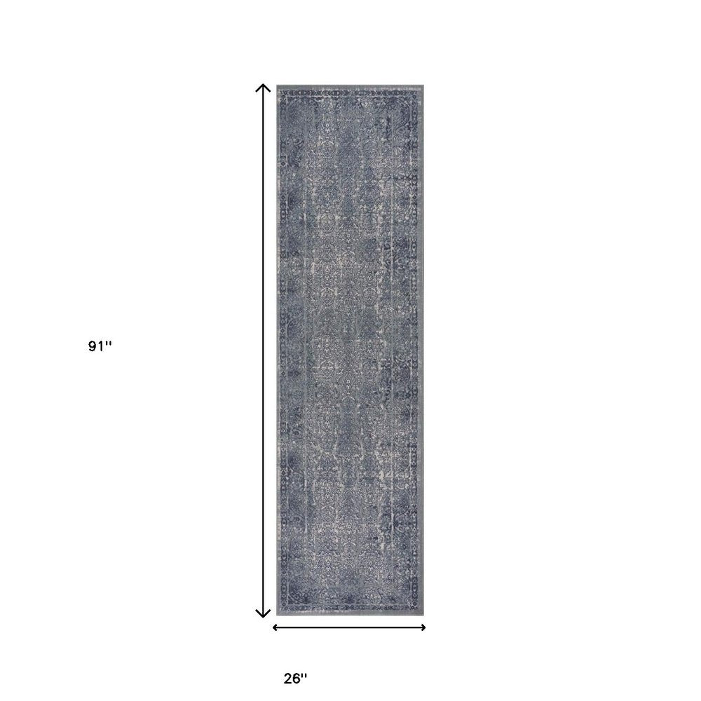 8' Blue Silver Gray And Cream Damask Distressed Runner Rug