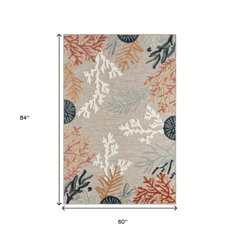 5' X 7' Grey Beige Orange Blue And White Coastal Coral Indoor Outdoor Area Rug