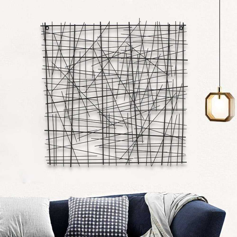 32" X 32" Black Handcrafted Abstract Lines Metal Hanging Dimensional Sculpture