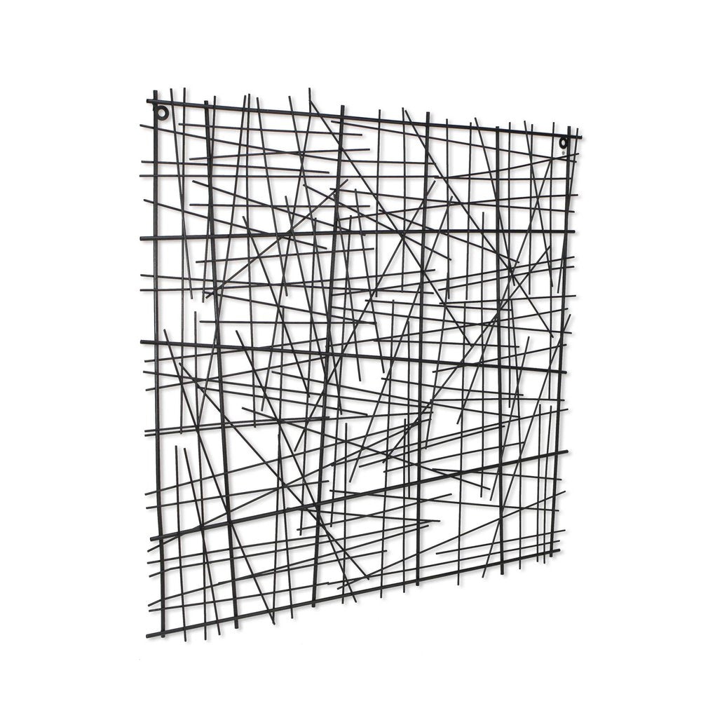 32" X 32" Black Handcrafted Abstract Lines Metal Hanging Dimensional Sculpture