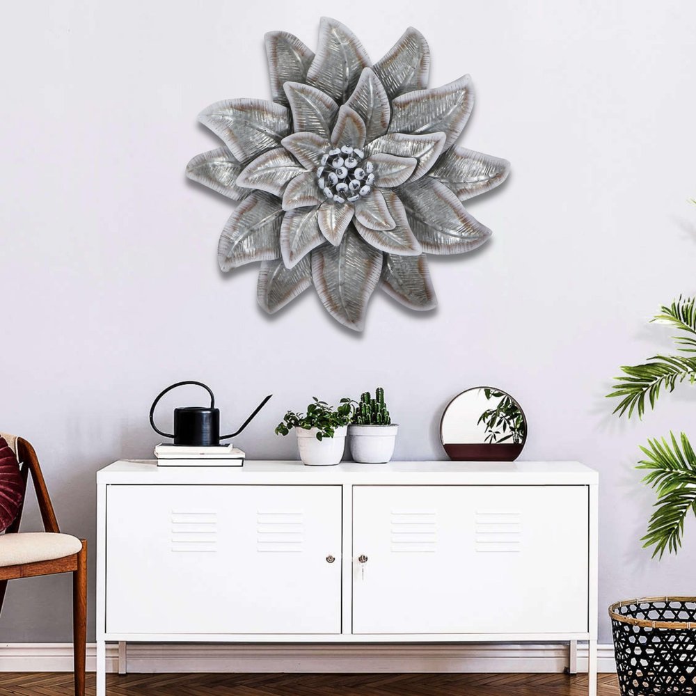 27" X 27" Gray and Off White Galvanized Metal Flower Hanging Dimensional Sculpture