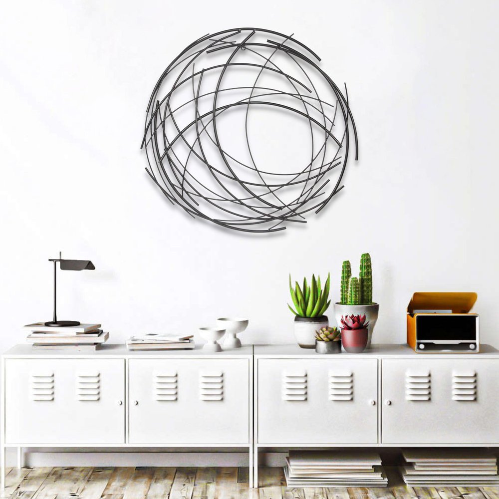 26" X 26" Black Metal Abstract Lines Round Hanging Dimensional Sculpture