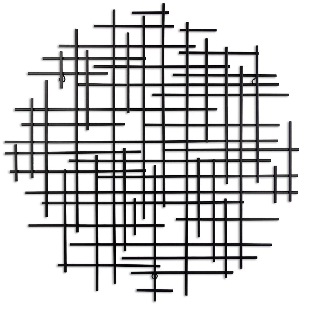 30" X 30" Black Metal Abstract Lines Round Hanging Dimensional Sculpture