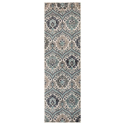 10' Ivory Blue And Gray Medallion Runner Rug