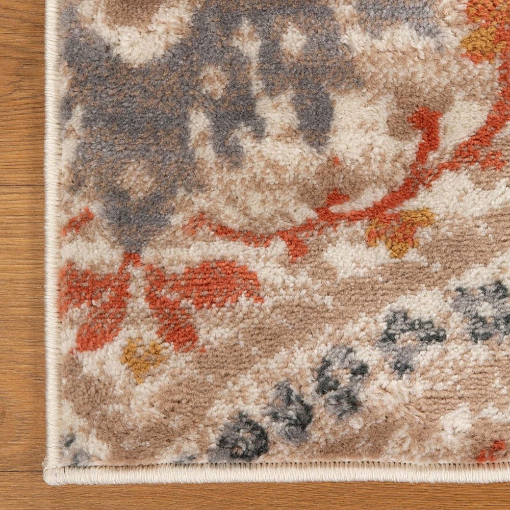 10' Orange And Ivory Floral Runner Rug