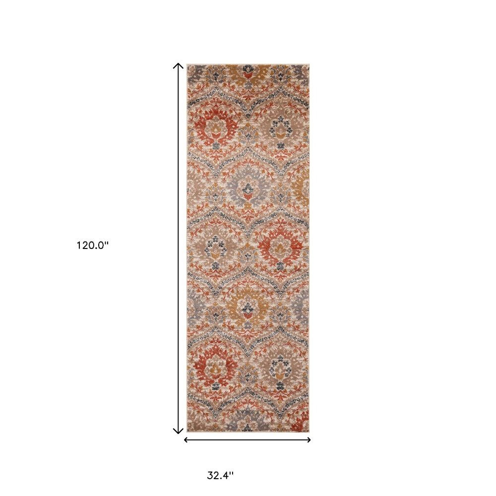 10' Orange And Ivory Floral Runner Rug