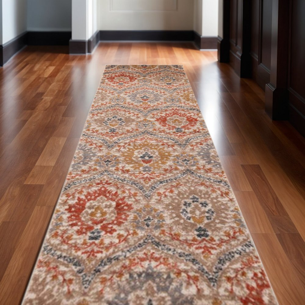 10' Orange And Ivory Floral Runner Rug