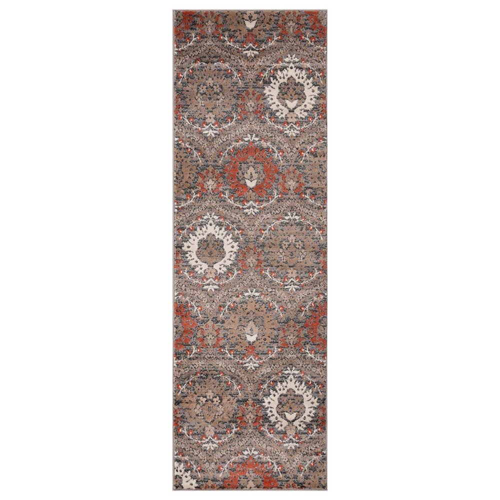 10' Rust Brown And Gray Floral Runner Rug