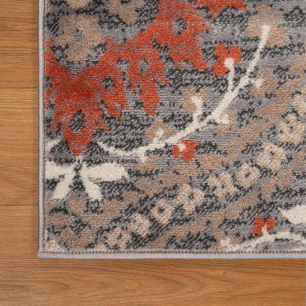 10' Rust Brown And Gray Floral Runner Rug