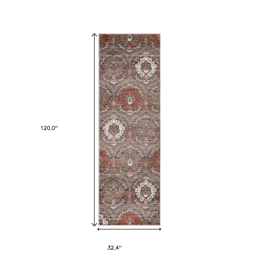 10' Rust Brown And Gray Floral Runner Rug