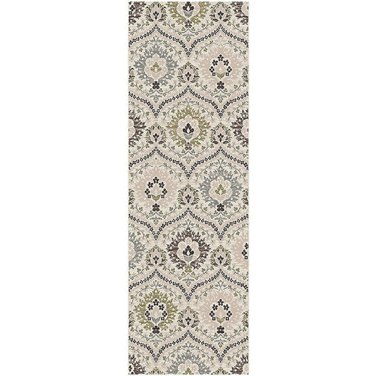 12' Black Ivory And Gray Floral Runner Rug