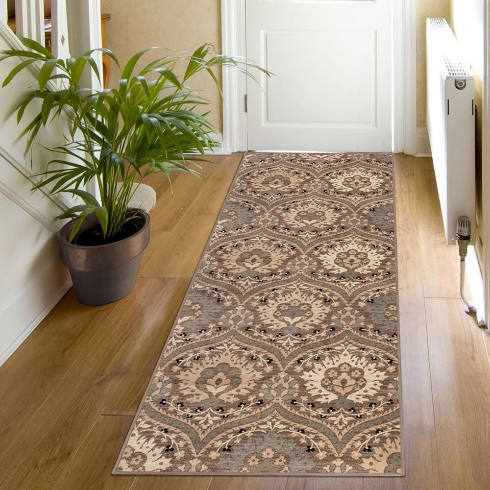 12' Beige And Ivory Floral Runner Rug