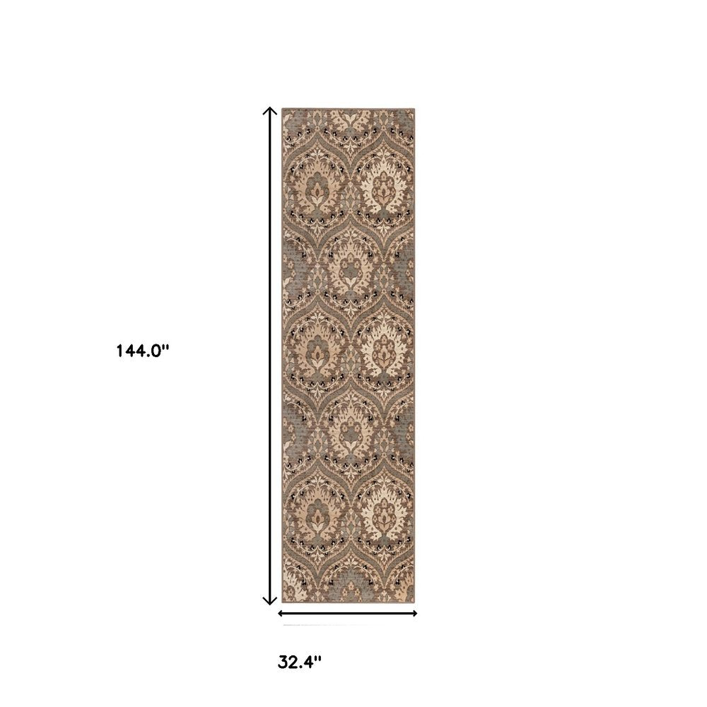 12' Beige And Ivory Floral Runner Rug