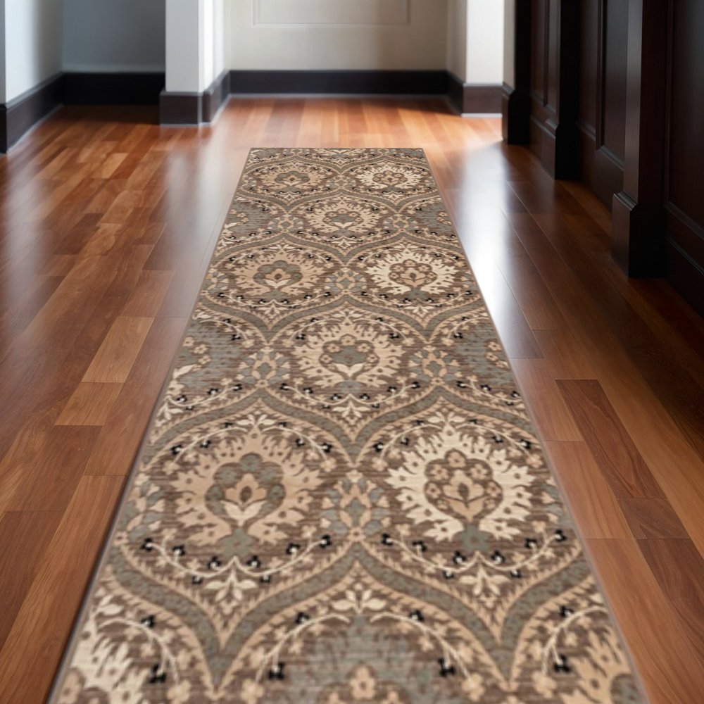 12' Beige And Ivory Floral Runner Rug