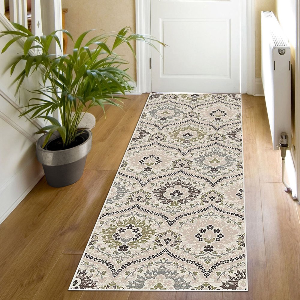 11' Black Ivory And Gray Floral Runner Rug
