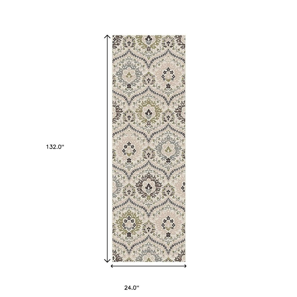 11' Black Ivory And Gray Floral Runner Rug
