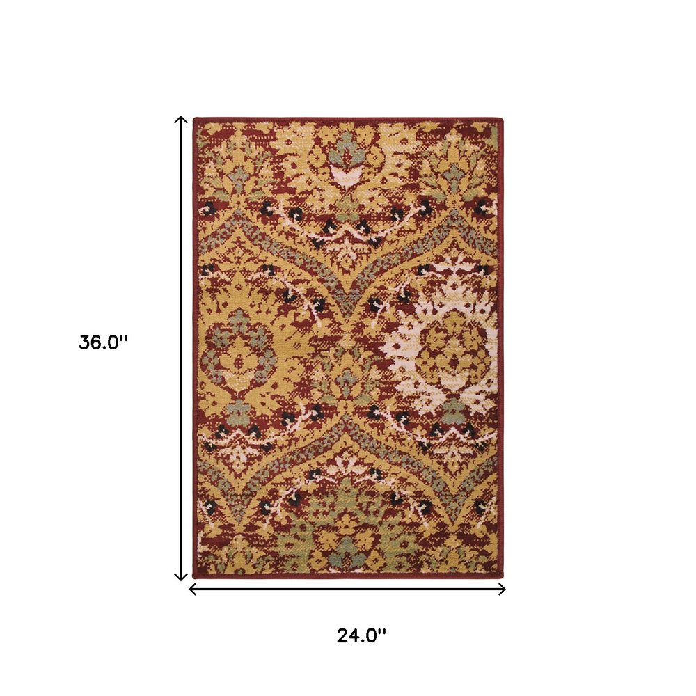 2' X 3' Red And Gold Floral Area Rug