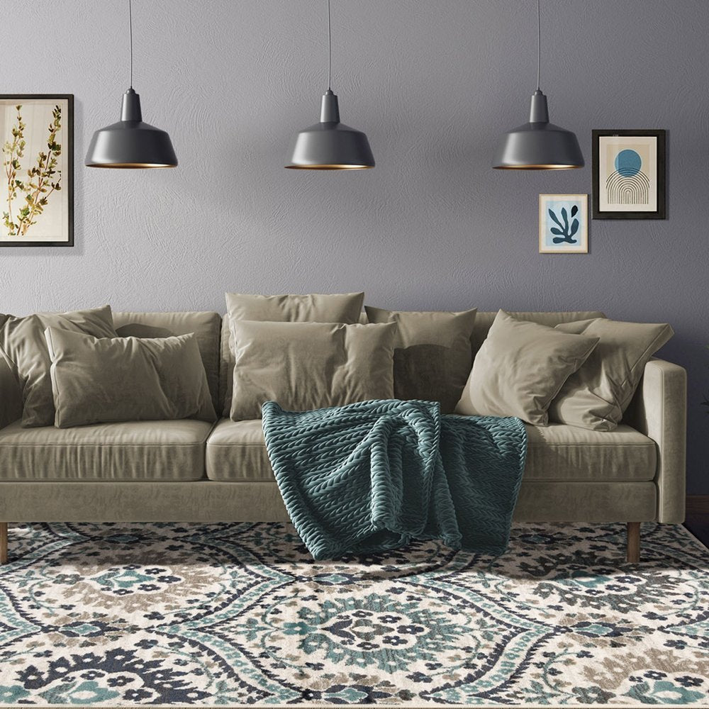 5' X 8' Ivory Blue And Gray Medallion Area Rug