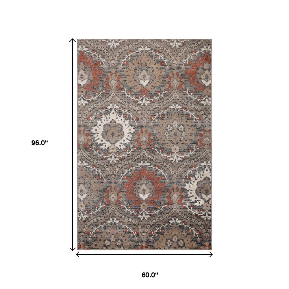 5' X 8' Rust Brown And Gray Floral Area Rug