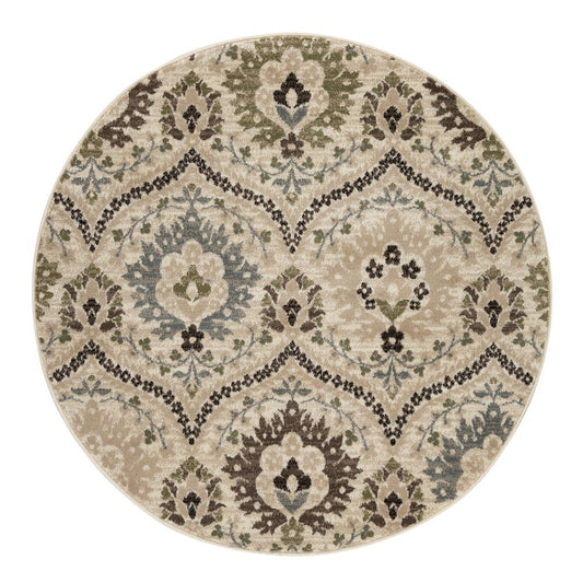 8' Brown Beige And Gray Floral Round Rug