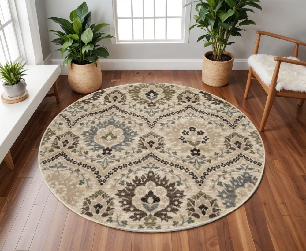 8' Brown Beige And Gray Floral Round Rug