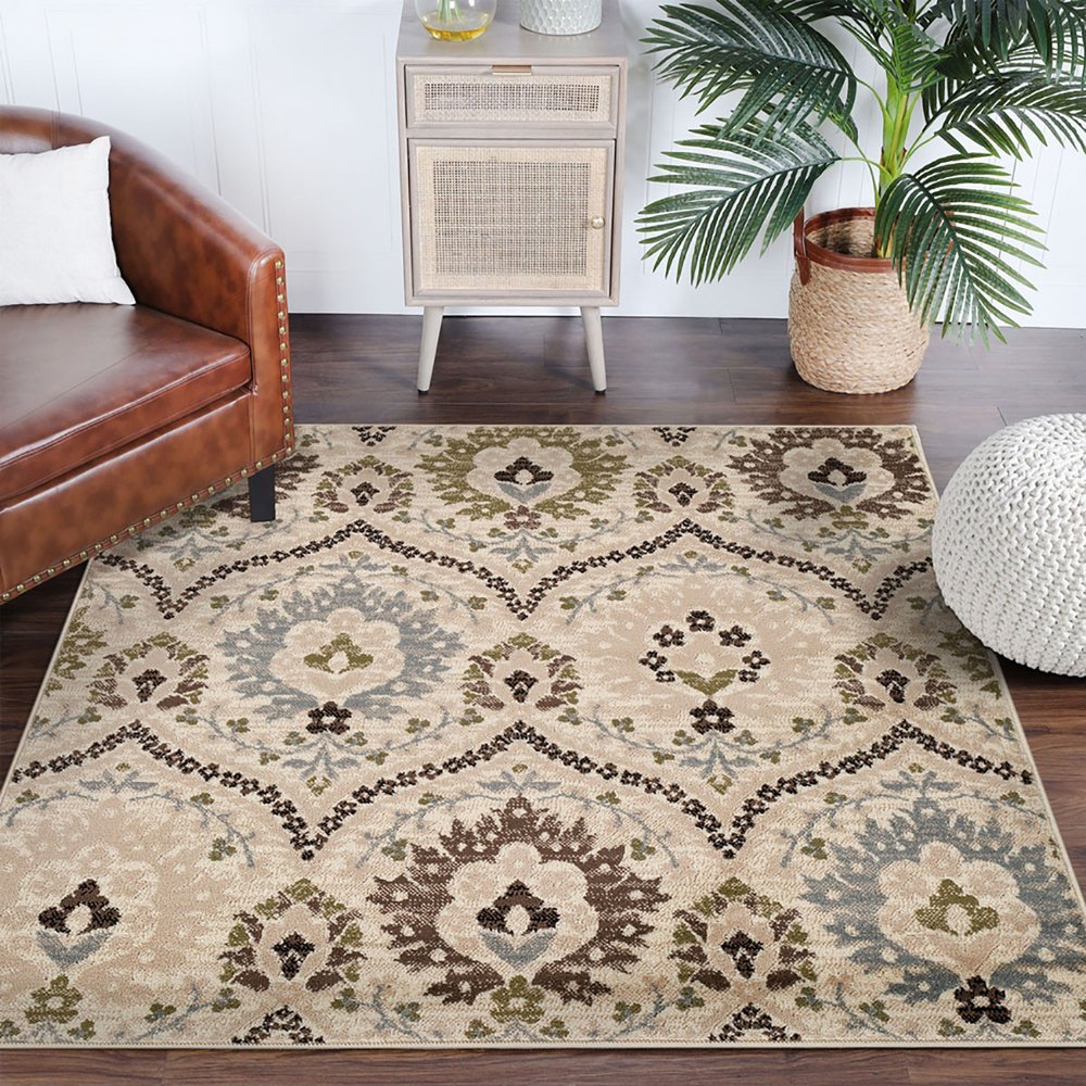 8' Brown Beige And Gray Floral Square Rug