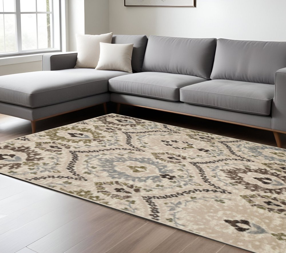8' Brown Beige And Gray Floral Square Rug