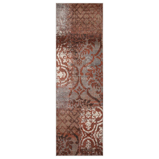 10' Rust And Gray Damask Distressed Runner Rug