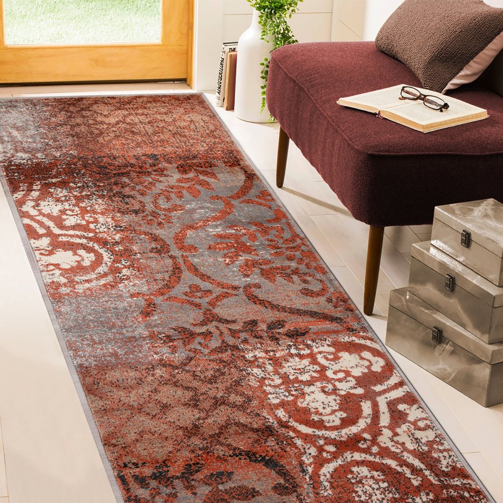 10' Rust And Gray Damask Distressed Runner Rug
