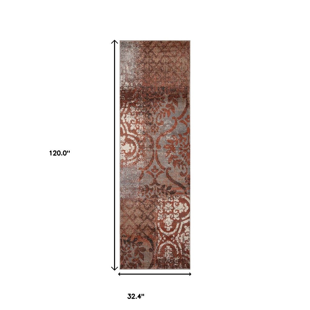 10' Rust And Gray Damask Distressed Runner Rug