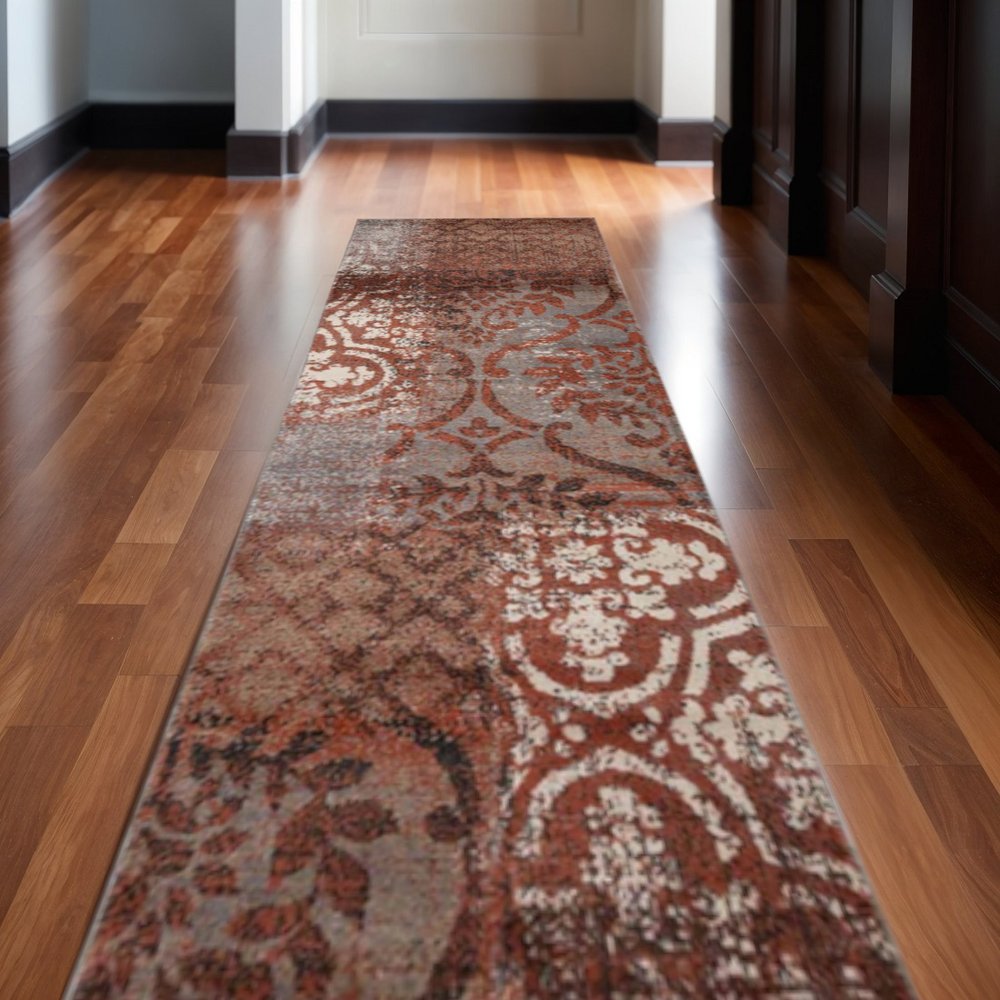 10' Rust And Gray Damask Distressed Runner Rug