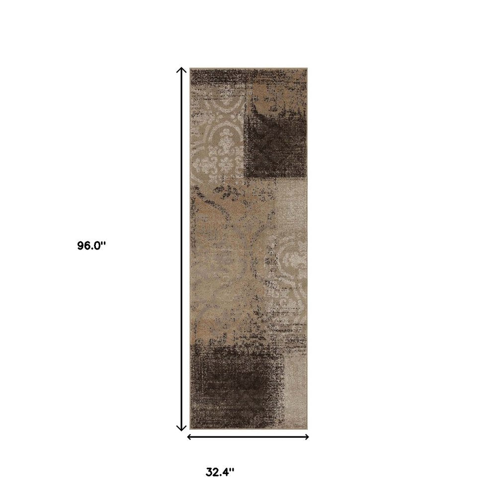 8' Black And Gray Damask Distressed Runner Rug