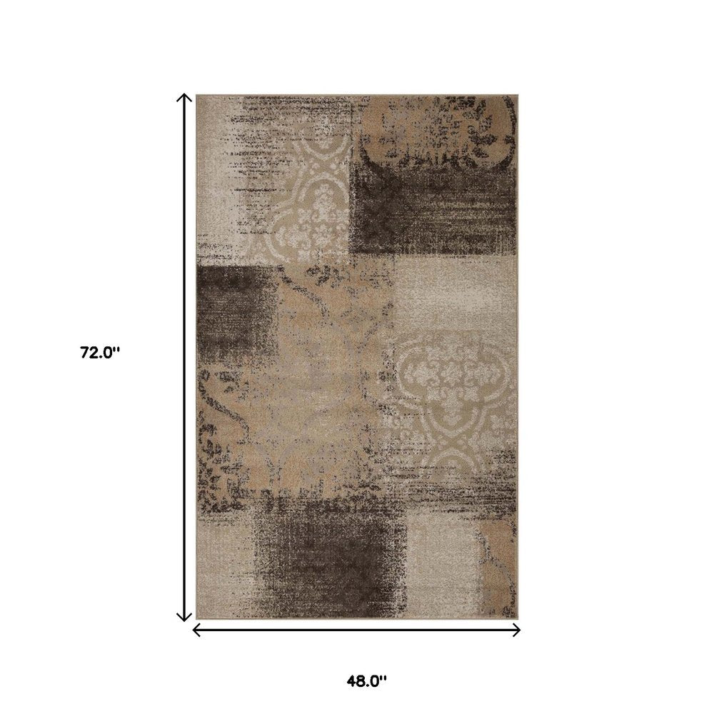 4' X 6' Black And Gray Damask Distressed Area Rug