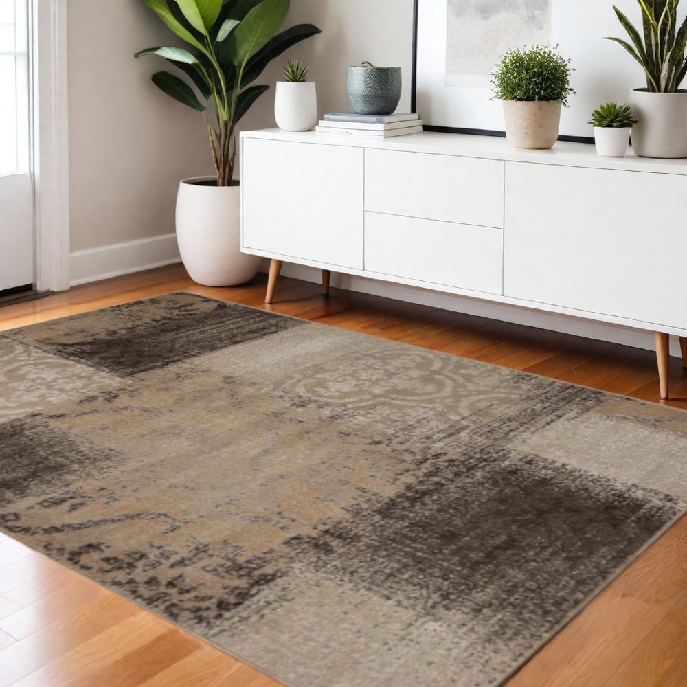 4' X 6' Black And Gray Damask Distressed Area Rug