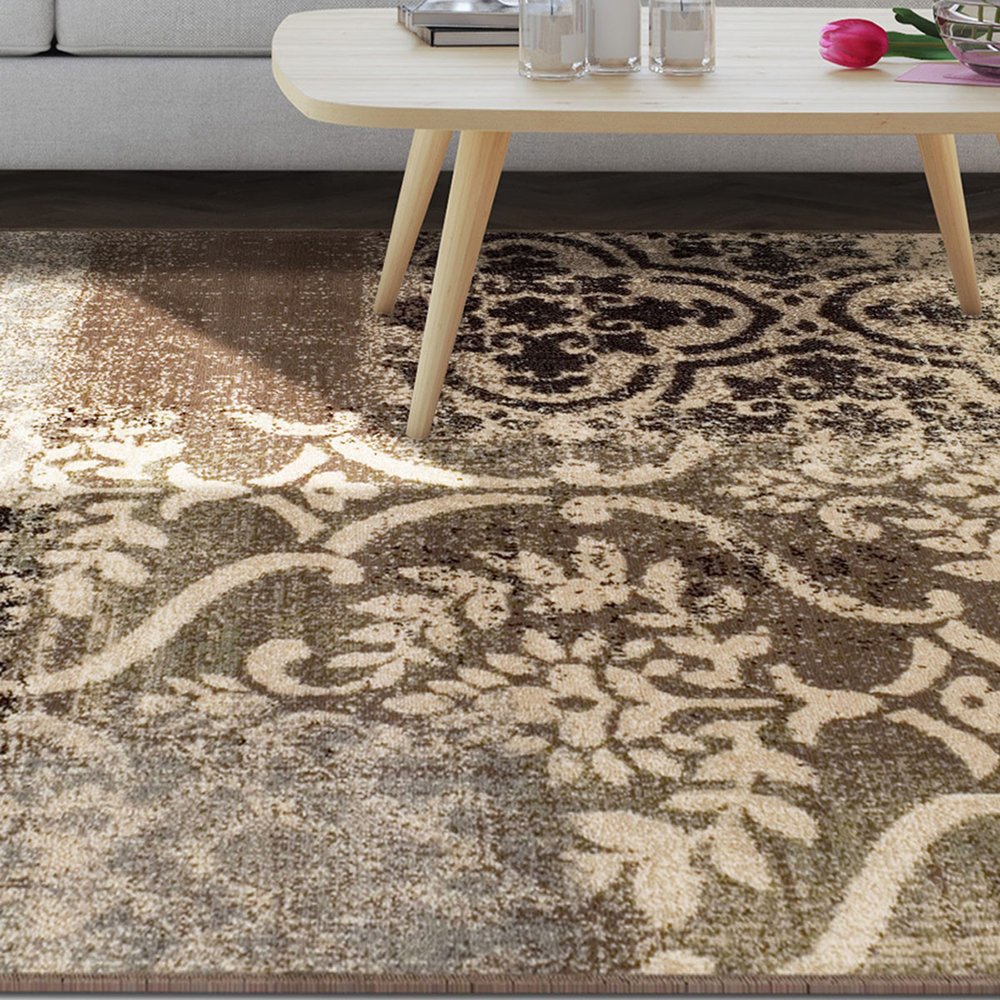 4' X 6' Ivory Brown And Gray Damask Distressed Area Rug