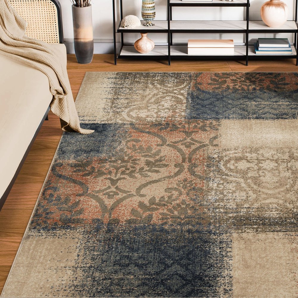 4' X 6' Blue And Ivory Damask Distressed Area Rug
