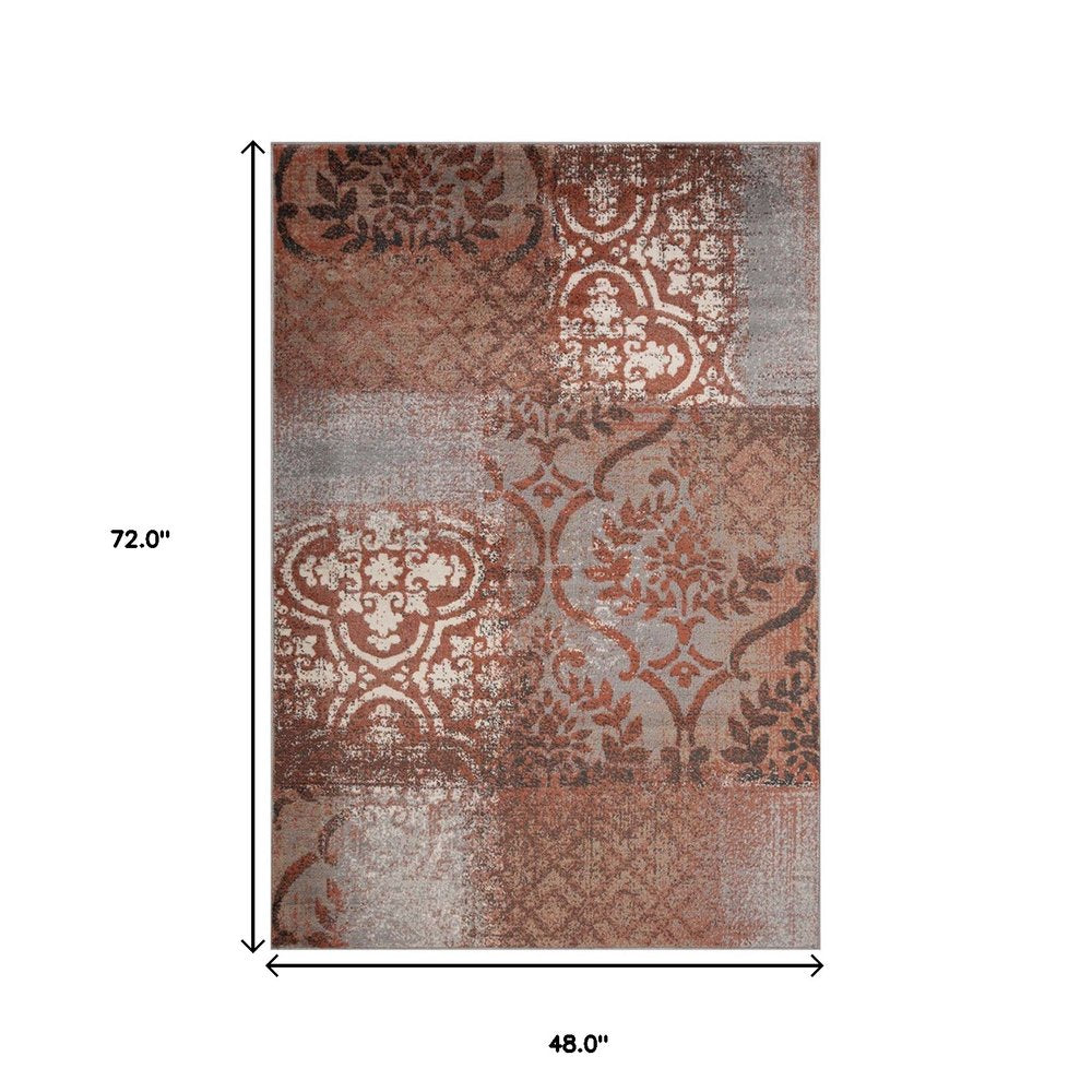 4' X 6' Rust And Gray Damask Distressed Area Rug